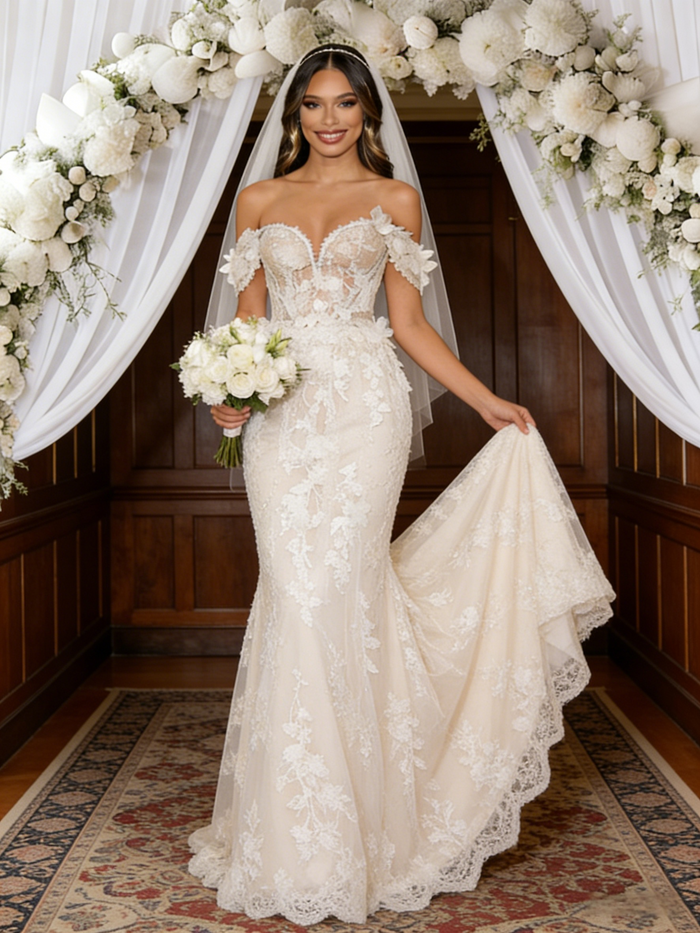 Beige White Mermaid Lace Off the Shoulder Wedding Dress