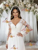 White Chiffon Long Sleeve Lace Wedding Dress
