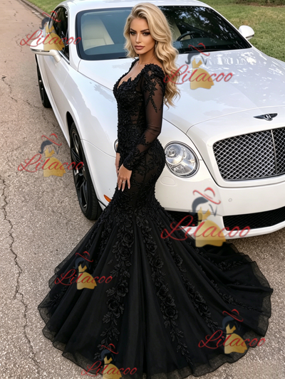 Black Mermaid Long Sleeve V-neck Prom Dress