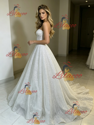 White Sequins Strapless Wedding Dres
