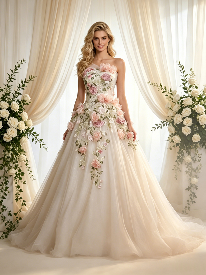 Ivory Tulle One Shoulder Appliques Wedding Dress