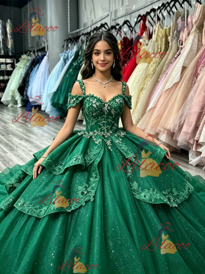 Green Tulle Sequins Straps Quinceanera Dress