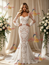 White Mermaid Tulle Lace Long Sleeve Wedding Dress