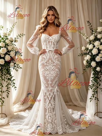White Mermaid Tulle Lace Long Sleeve Wedding Dress
