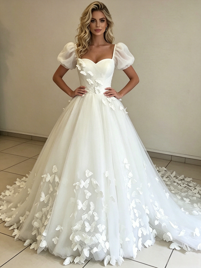 White Tulle Puff Sleeve Butterfly Wedding Dress