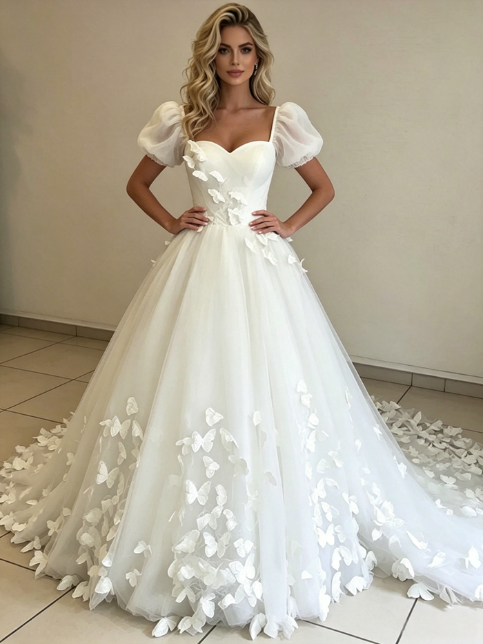 White Tulle Puff Sleeve Butterfly Wedding Dress