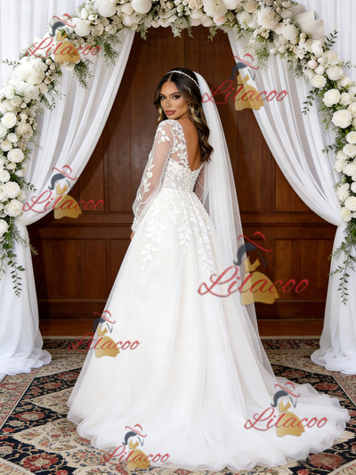 White Tulle Appliques Long Sleeve V-neck Wedding Dress
