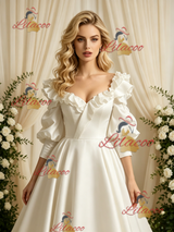 Short Sleeve Satin Square Neck Wedding Dress
