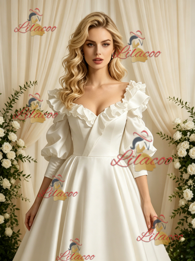 Short Sleeve Satin Square Neck Wedding Dress