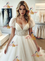 White Tulle V-neck Puff Sleeve Wedding Dress