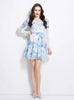 Deep V-neck Ribbon Printed Ruffled Dress