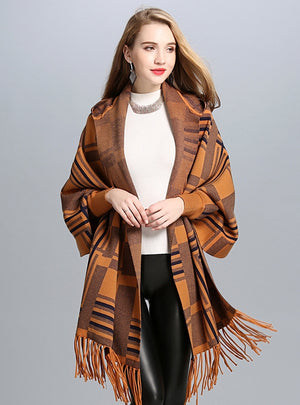 Fashion Plaid Hooded Fringed Knit Shawl