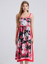 Retro Printed Slim Suspenders Dress