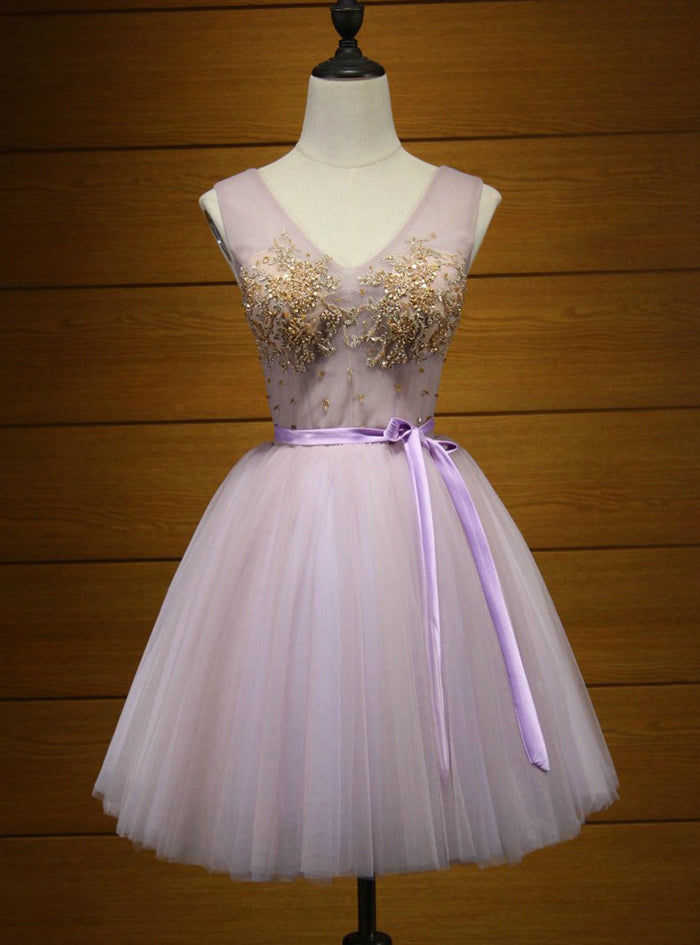 Purple V-neck Tulle Beading Homecoming Dress