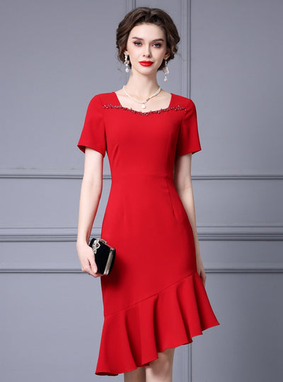 Red Short Sleeve Beading Mother Of The Bride Dress