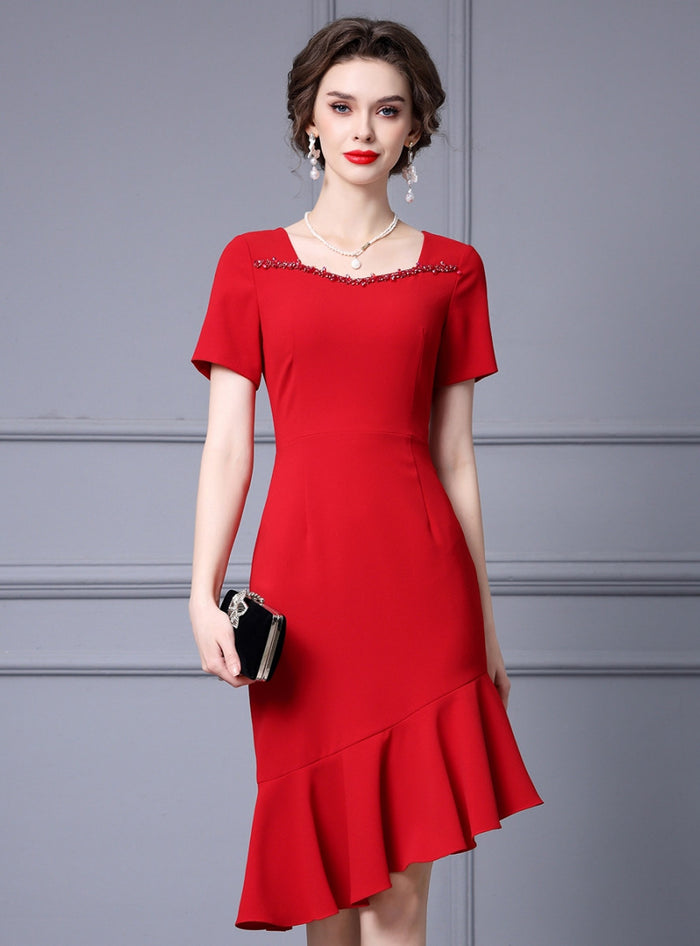 Red Short Sleeve Beading Mother Of The Bride Dress