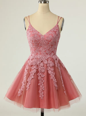 Tulle Lace Appliques Straps Homecoming Dress