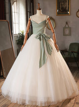 White Tulle Green Satin Straps Wedding Dress