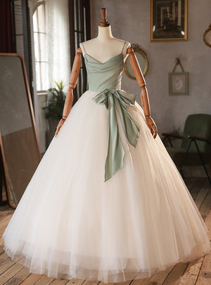 White Tulle Green Satin Straps Wedding Dress