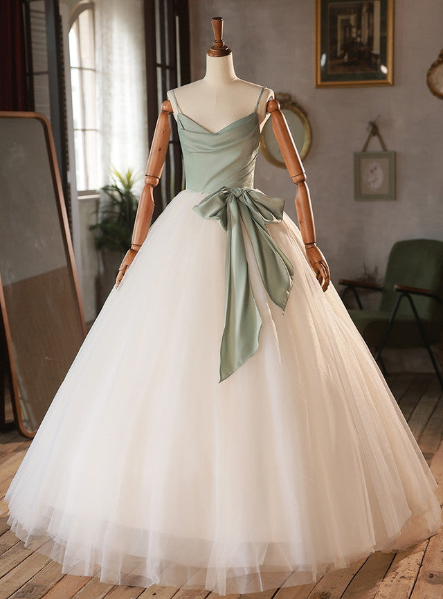 White Tulle Green Satin Straps Wedding Dress