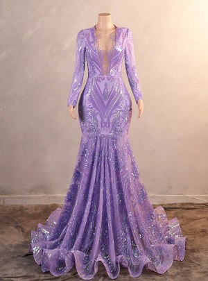 Purple Mermaid Long Sleeve Sequins Prom Dress