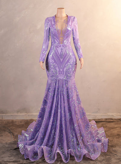 Purple Mermaid Long Sleeve Sequins Prom Dress