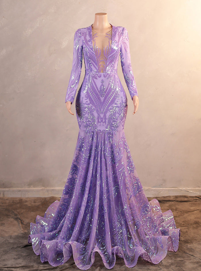 Purple Mermaid Long Sleeve Sequins Prom Dress