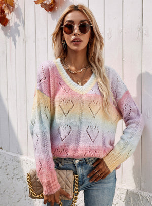 Rainbow V-neck Pullover Women's Sweater