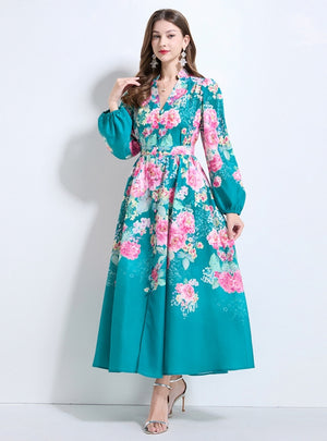 Retro Printed Breasted Bubble Sleeve Dress