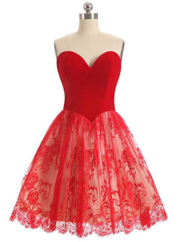Red Sweetheart Velvet Lace Homecoming Dress