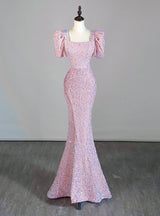 Pink Mermaid Sequins Puff Sleeve Split Prom Dress