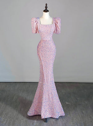 Pink Mermaid Sequins Puff Sleeve Split Prom Dress