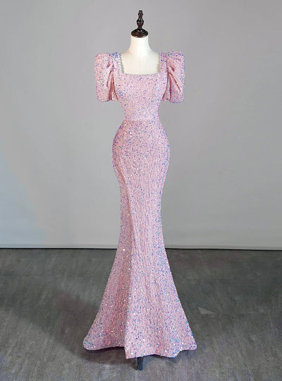 Pink Mermaid Sequins Puff Sleeve Split Prom Dress