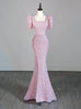 Pink Mermaid Sequins Puff Sleeve Split Prom Dress