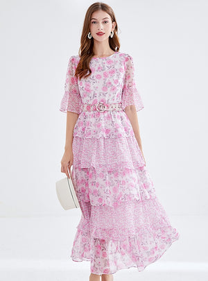 Lotus Leaf Cake Chiffon Floral Dress