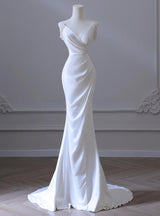White Mermaid Satin Backless Wedding Dress