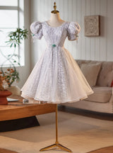 Gray Tulle Lace Puff Sleeve Homecoming Dress