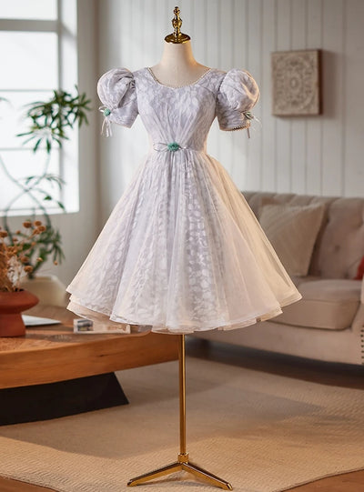 Gray Tulle Lace Puff Sleeve Homecoming Dress