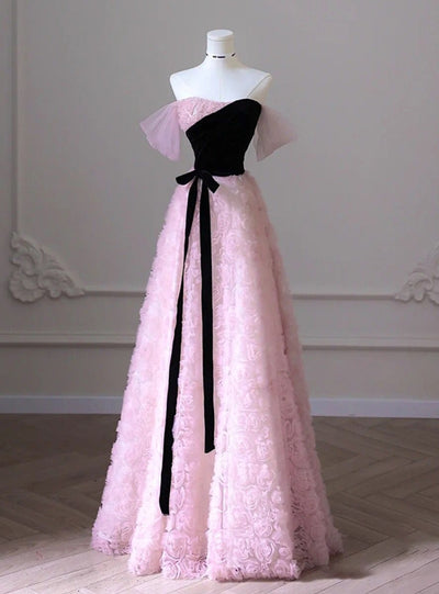 Pink Tulle Off the Shoulder Black Velvet Prom Dress