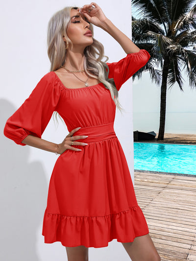 Ruffled Square Collar Short Sleeve Dress
