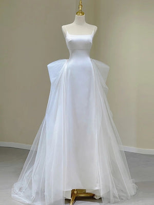 White Tulle Satin Straps Wedding Dress
