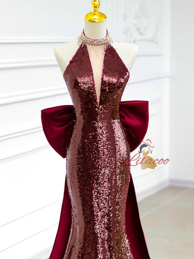 Burgundy Mermaid Sequins Halter Beading Prom Dress