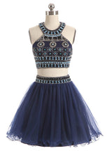 Navy Blue Two Piece Beading Homecoming Dress