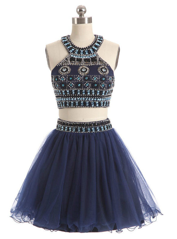 Navy Blue Two Piece Beading Homecoming Dress