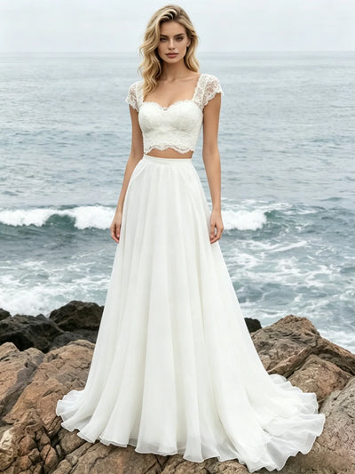 White Chiffon Lace Two Piece Wedding Dress