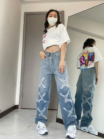 Retro High Waist Holes Jeans