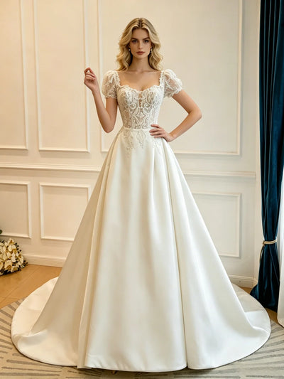 Beige White Satin Short Sleeve Lace Wedding Dress