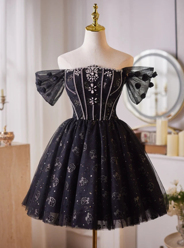 Black Tulle Off the Shoulder Crystal Homecoming Dress