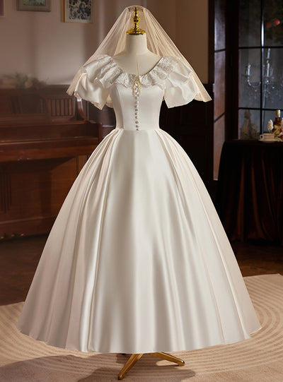White Satin Puff Sleeve Button Wedding Dress