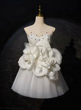 White Tulle Lace 3D Flower Wedding Dress
